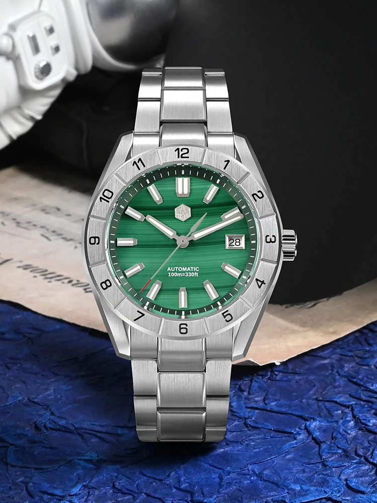 San Martin 42mm Montre Homme De Luxe Vert Malachite Cadran En Acier Inoxydable Mécanique Montre-Bracelet Saphir Étanche 10Bar SN0130G-B