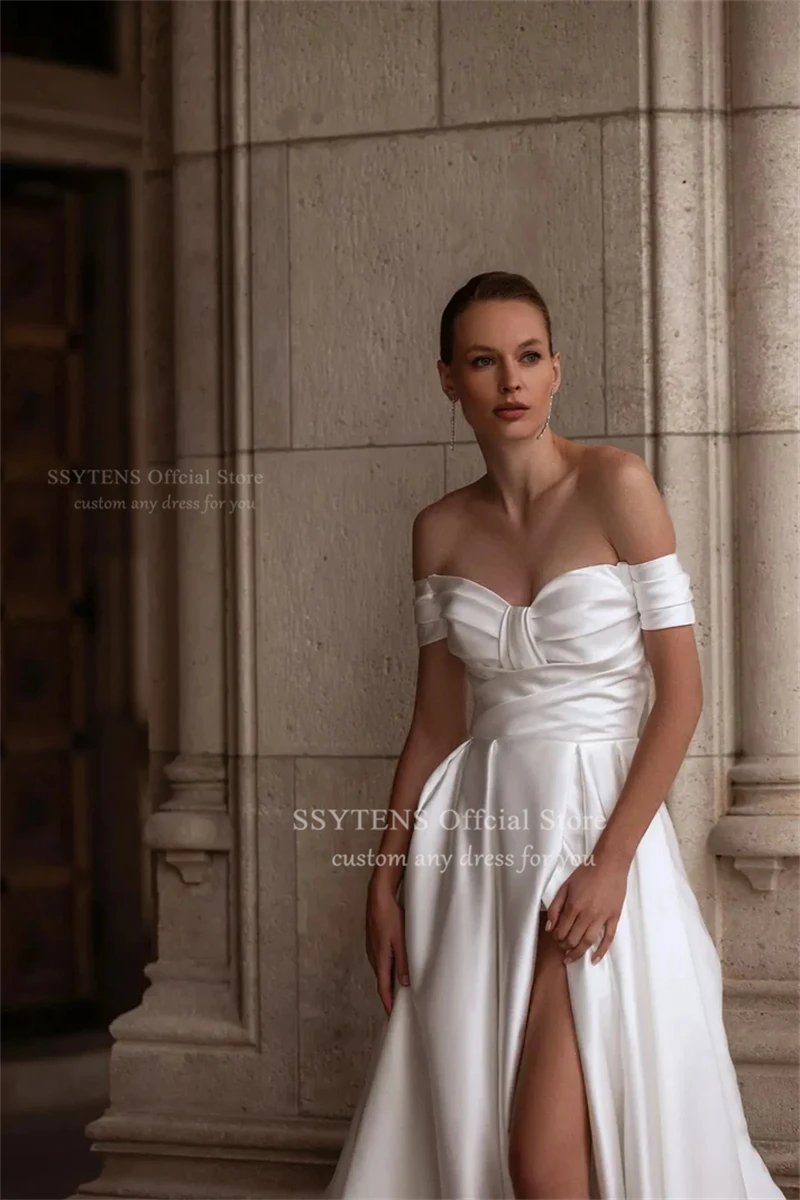 SSYTENS Sexy Formal Wedding Dresses For Women Off The Shoulder High Side Split Satin Bride Dress Civil Wedding Gowns Customized