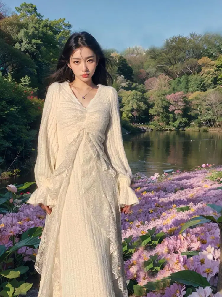 

French Splicing Long Skirt With Velvet Spring And Autumn 2025 New Style Super Fairy And Gentle Long Skirt Lace Dress
