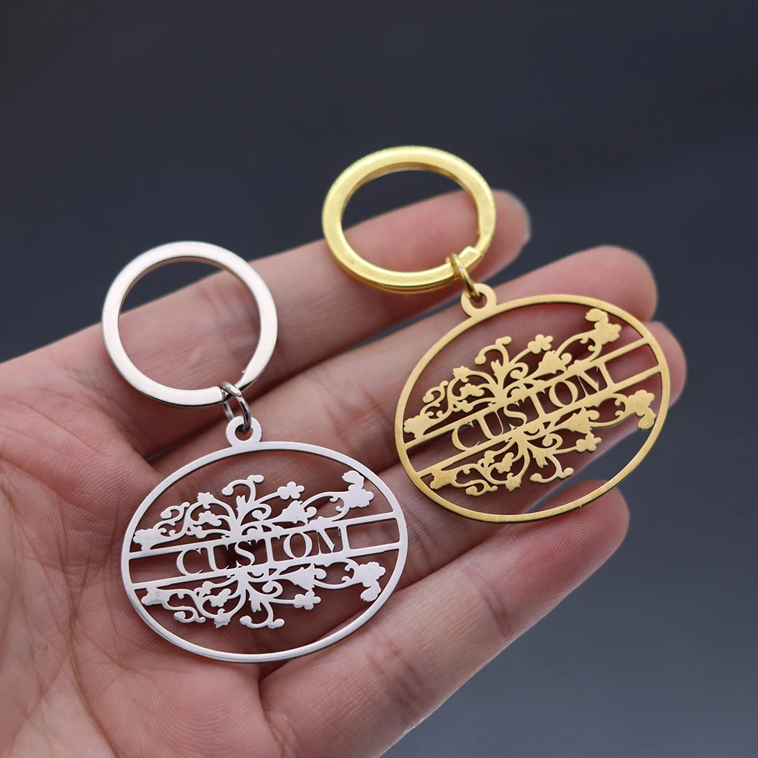 QIAMNI Custom Engraved Date Name Number Keychain Stainless Steel Personalized Nameplate Key Chain Gift Customized Flower Keyring