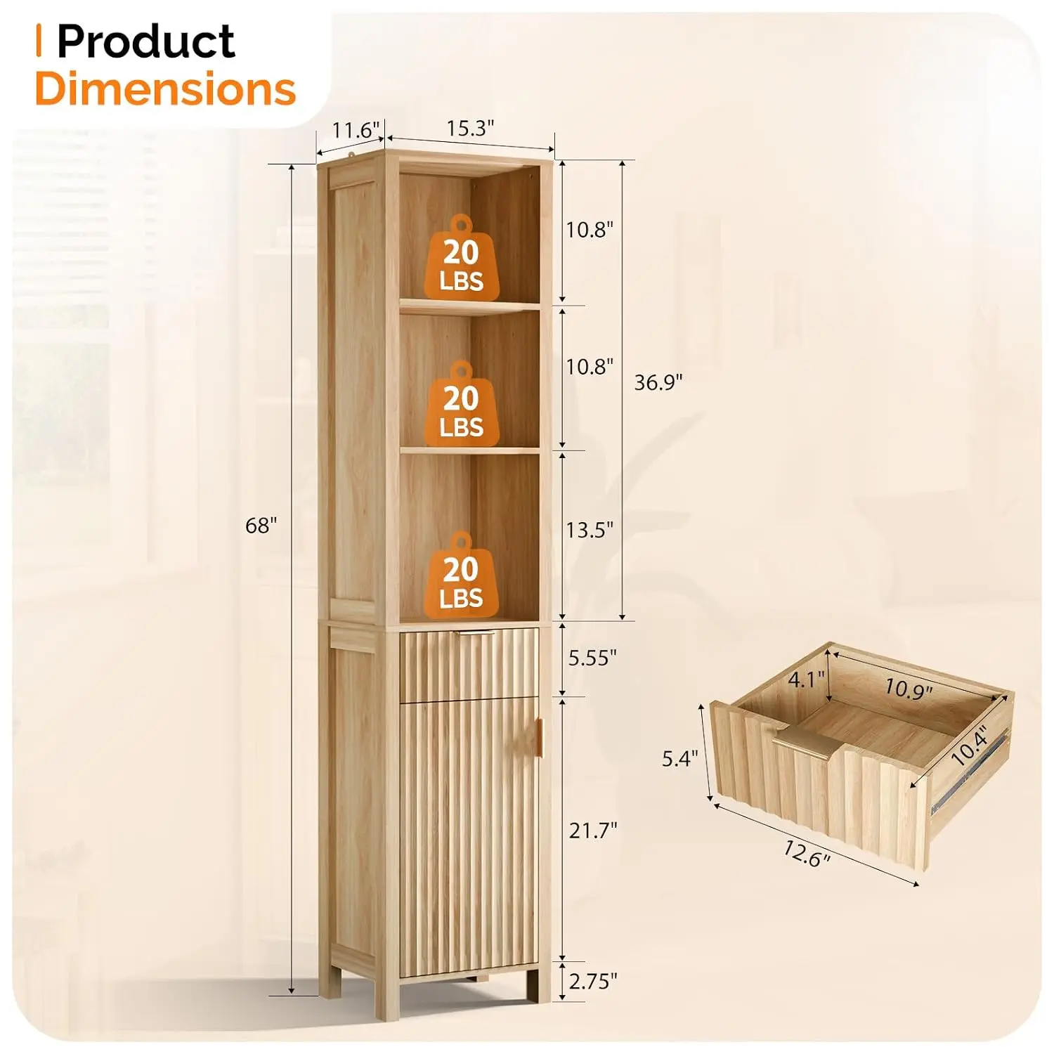 Narrow Fluted Bathroom Floor Skinny Storage Cabinet with 1 Fluted Door&Drawer,68" Tall Narrow12 Inch Deep Slim Bathroom Storage