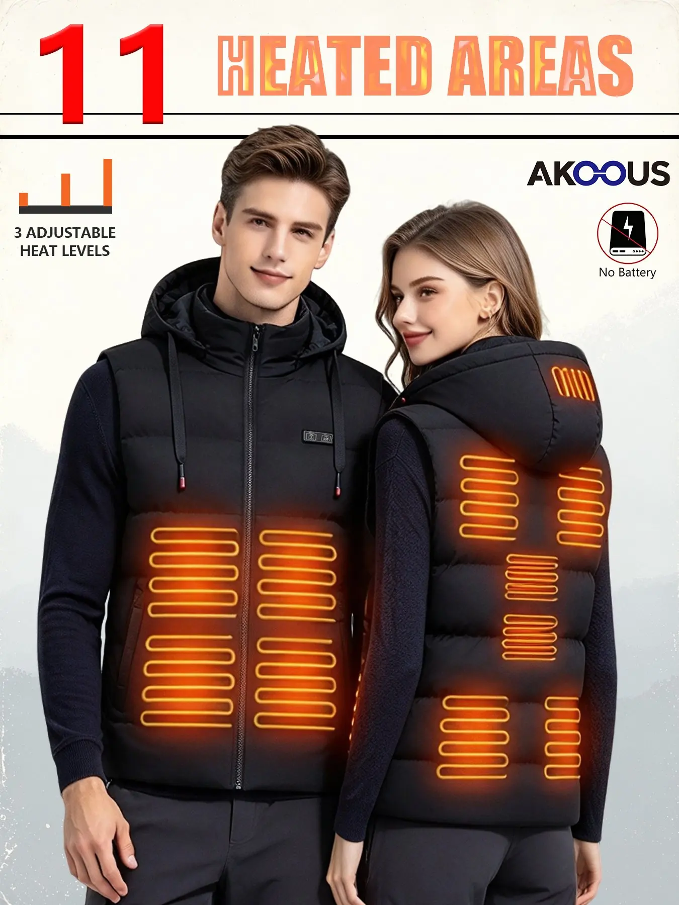 AKOOUS Couple Heated Vest 11 Heating Zones Detachable Hood Electric Heating Vest 3 Temperature Adjustable Machine Washable