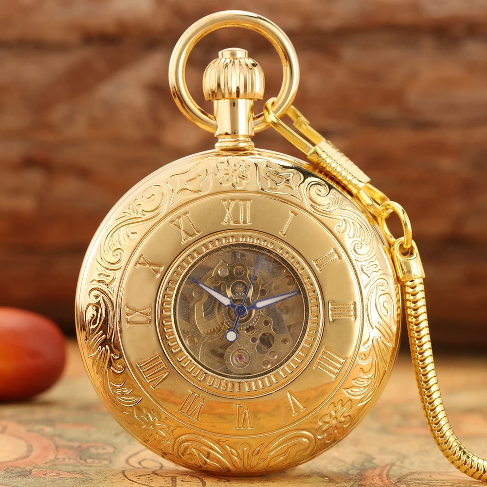 

Luxury Hollow Copper Case Automatic Mechanical Men's Pocket Watch Blue Pointers Display Classic Self Winding Pocket Clock Gift