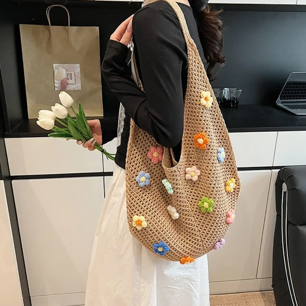 Hollow Out Flower Thread Woven Bag Beach Handbag Tote Bag Beach Bag Large Capacity Bohemian Style Hollow Shoulder Bag Holiday