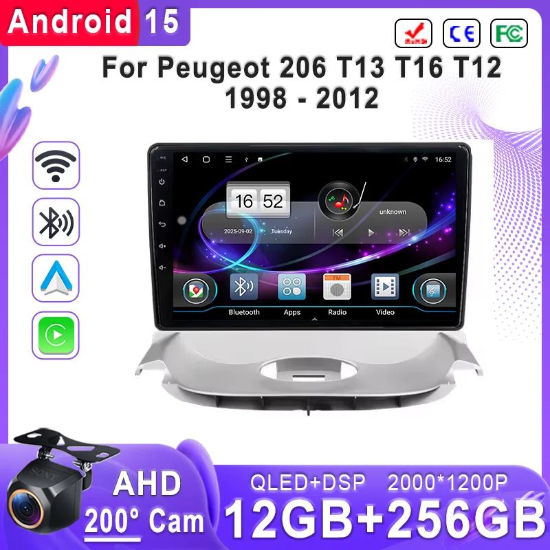 Unidad principal estéreo de pantalla Android 15 Incell para Peugeot 206 T13 T16 T12 1998 - 2012 pantalla táctil de navegación GPS Plug and Play HDR