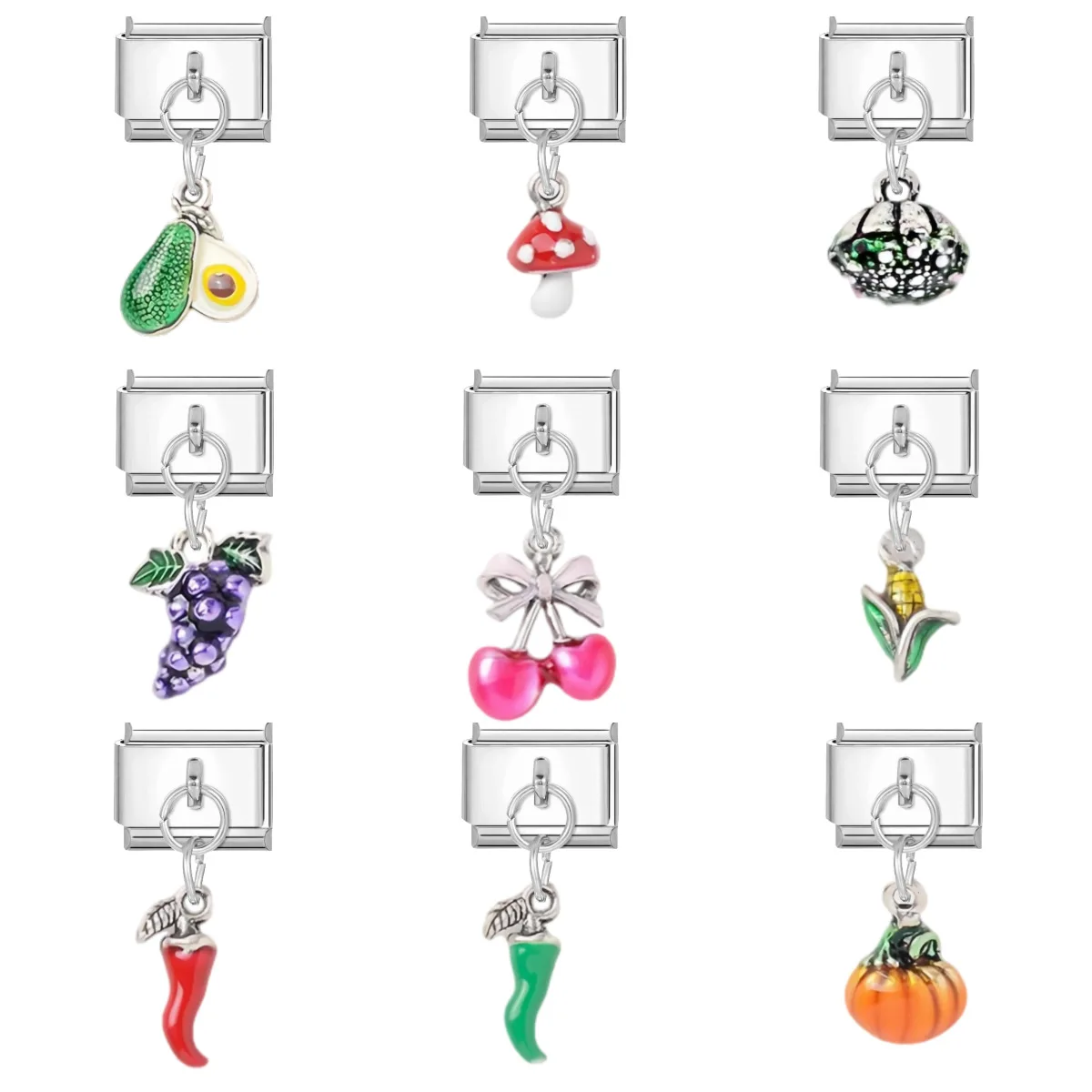 New Mushroom Cherry Chili Pumpkin Corn Grape Mini Pendant Italian Charm Links Fit 9MM Stainless Steel Bracelet  DIY Jewelry Gift