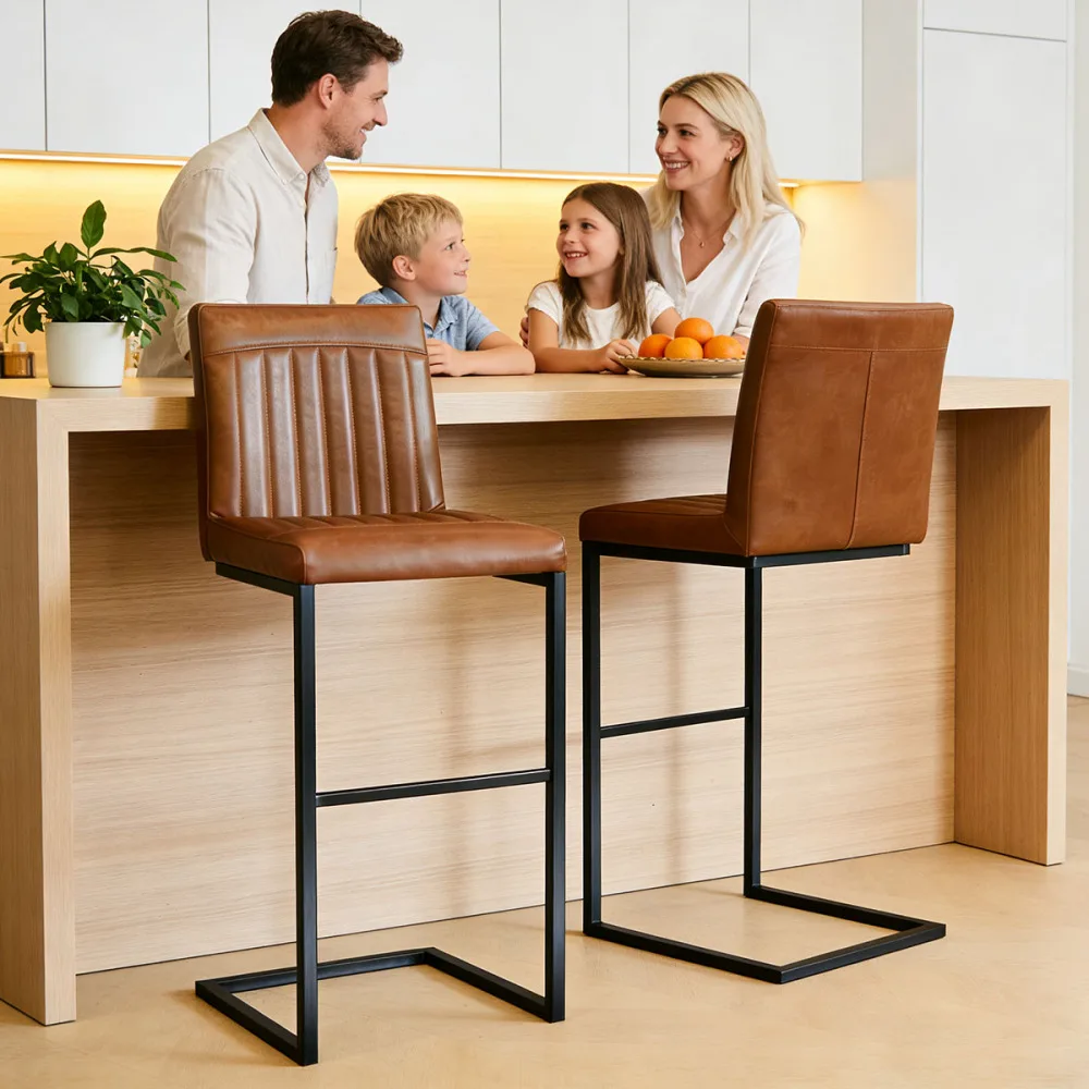 

Brown Faux Leather Back Bar Stool - Black Frame, Padded Seat, For Kitchen/Home Bar (2 Sets)