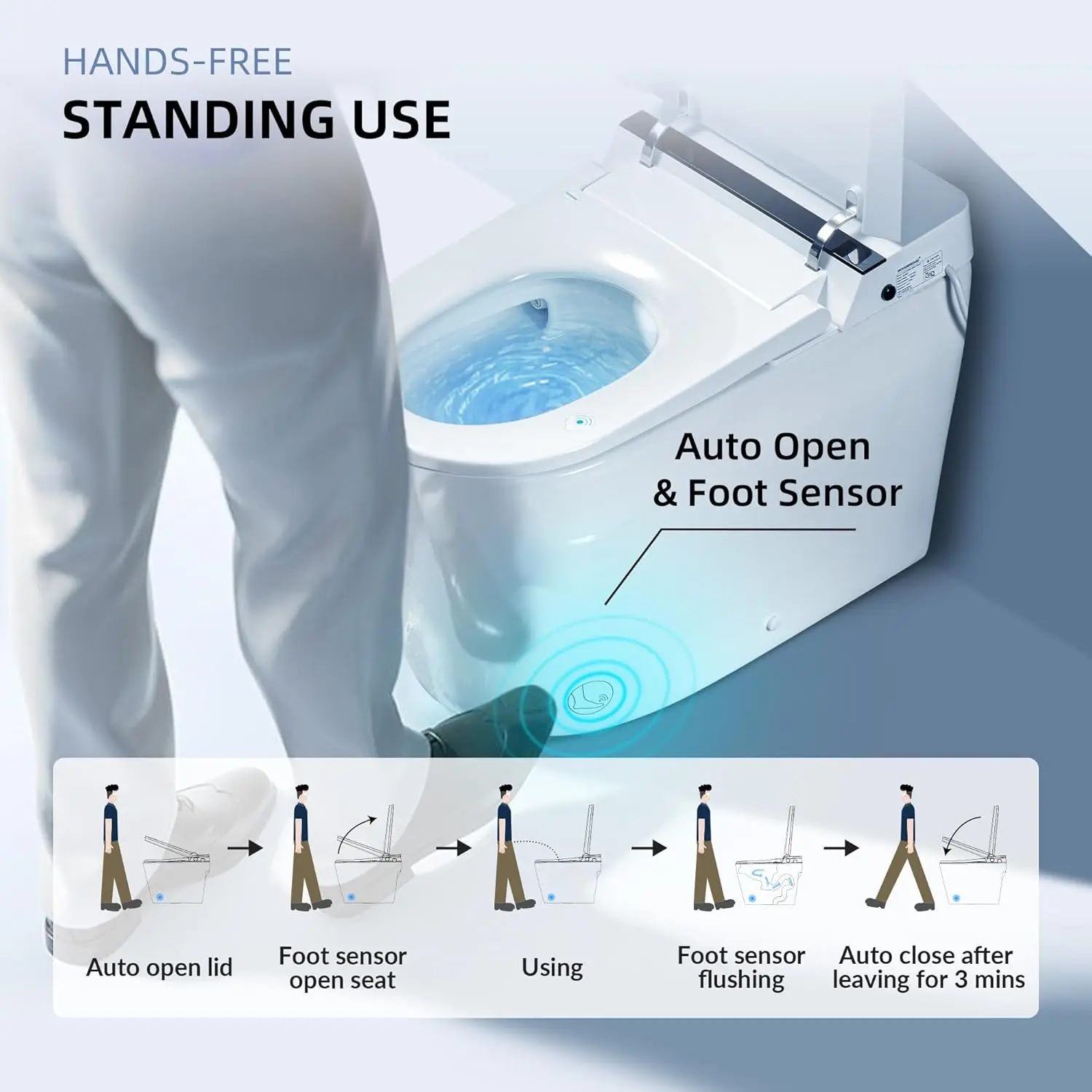 Inodoro inteligente bidé, apertura y cierre automáticos, Sensor de pie, funcionamiento automático, asiento calefactado, sin depósito, T-0099 de inodoro alargado de una pieza