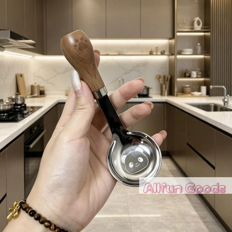 [TG835]Stainless Steel Short Handle Soup Spoon Cute Panda Pattern Non Slip Wood Grain Handle For Kids Toddlers Daily Use