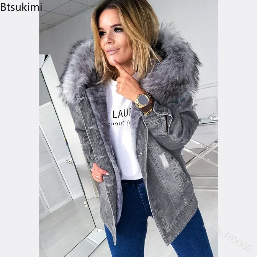 2025 Women's Autumn Winter Warm Fluffy Collar Hooded Denim Jacket Coat Thick Plush Lined Long Sleeve Jeans Coat Female Outwear