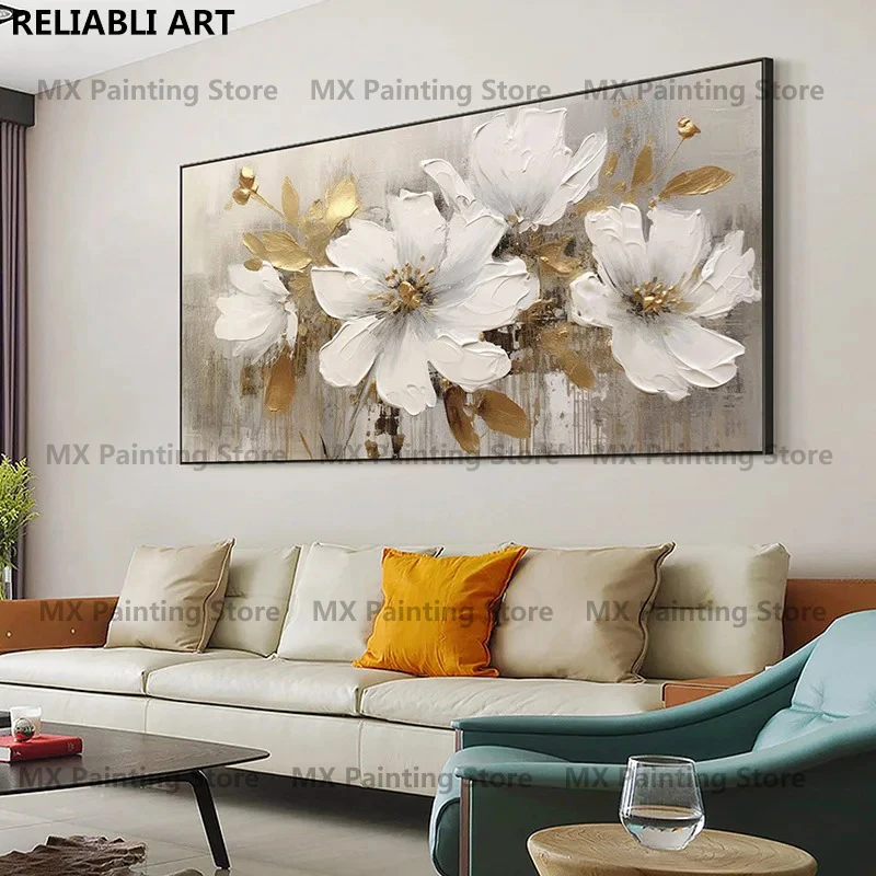 Gold Flower Oil Painting On Poster, Canvas Prints Wall Art, Abstract White Floral Painting, Living Room Decor,Home Decor Unframe