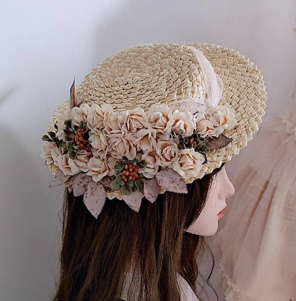 Retro Victorian Style Straw Hat Women Girls Summer Flowers Pastoral Lolita Sun Hat