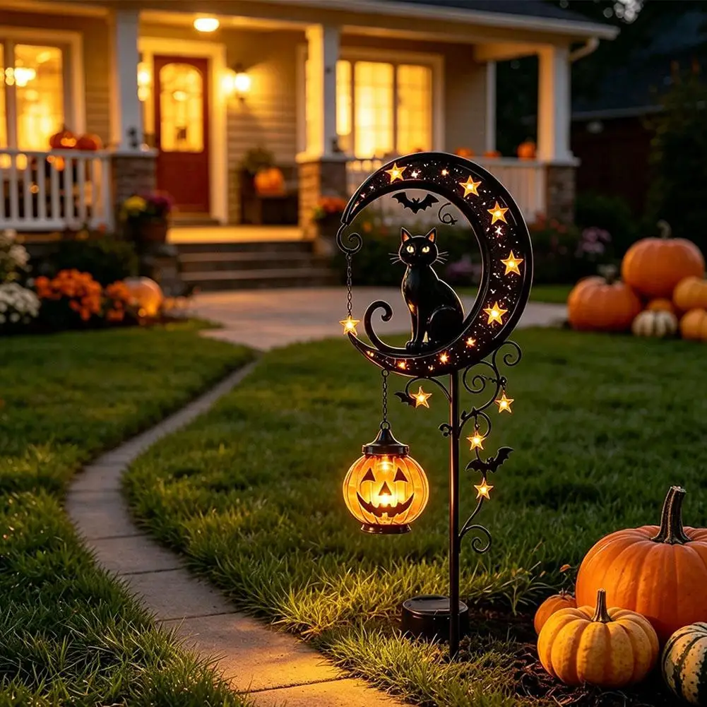 Halloween Schwarze Katze & Kürbis-Mond Gartenleuchte, Gartenlampe Dekoration, Outdoor Wasserdichte Metall-Kürbis-Pfahl-Deko – Detail 6