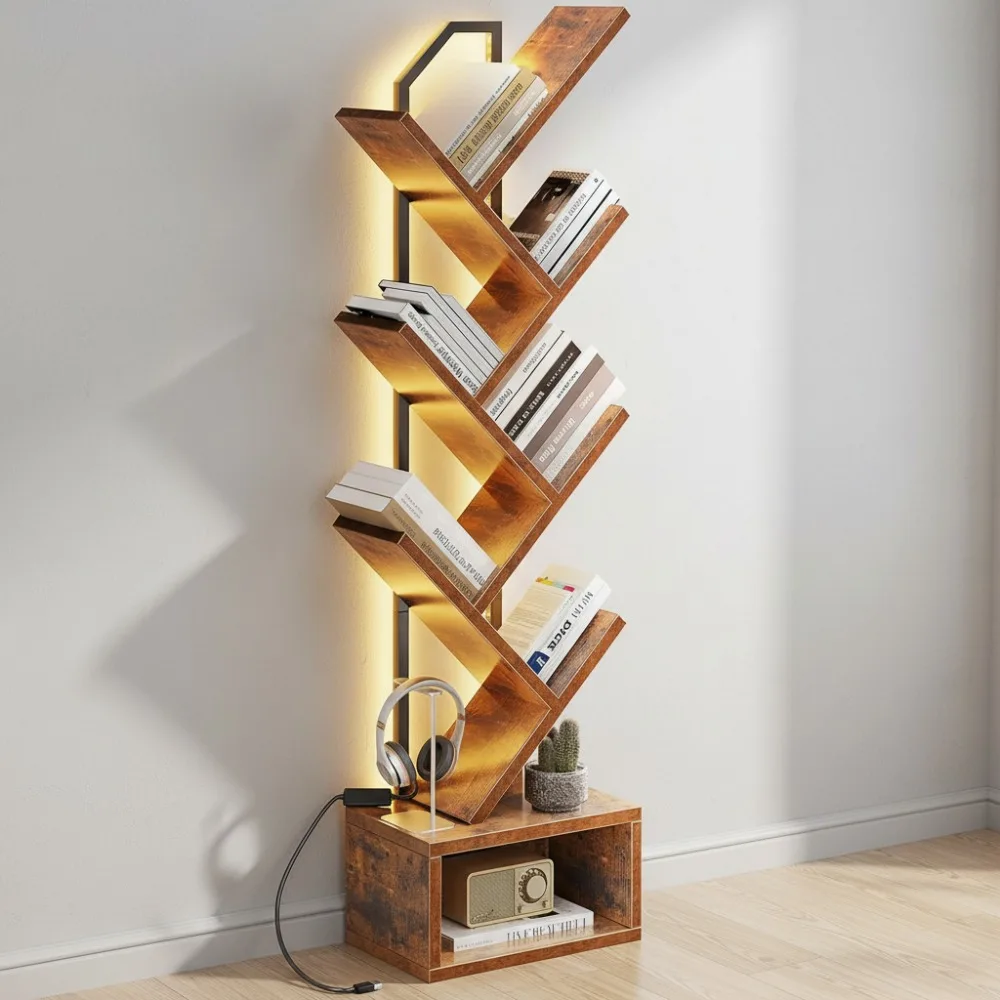 

6-Tier Narrow Tree Bookshelf with Smart LED Lights, Vintage Wood & Steel Floor Bookcase for Living Room/Bedroom/Office