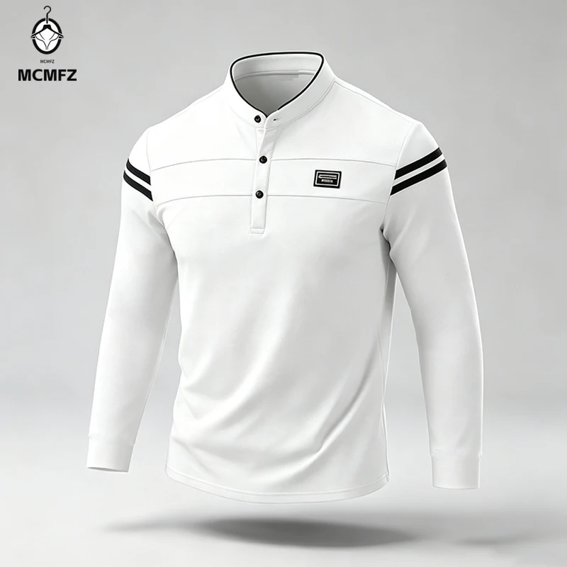 Male Urban Long Sleeve Polo Shirt Stand Collar Striped Decal For City Commute And Daily Street Leisure Matching Look view 4