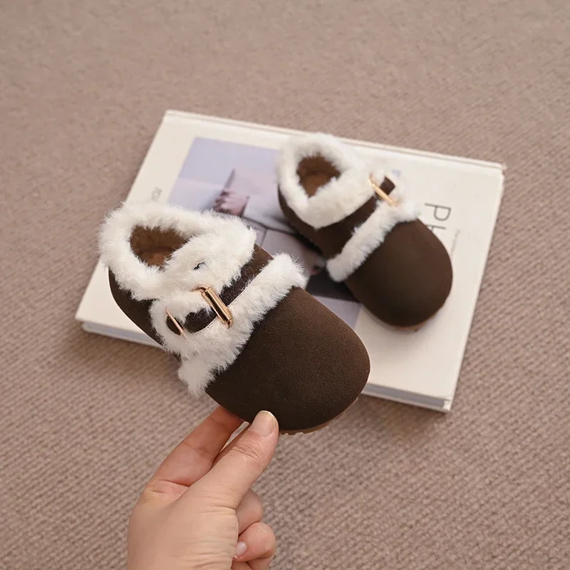 Toddler Kids Winter Furry Clog Shoes, Suede‑Look Warm Fleece Lined Adjustable Buckle Flat Casual Shoes
