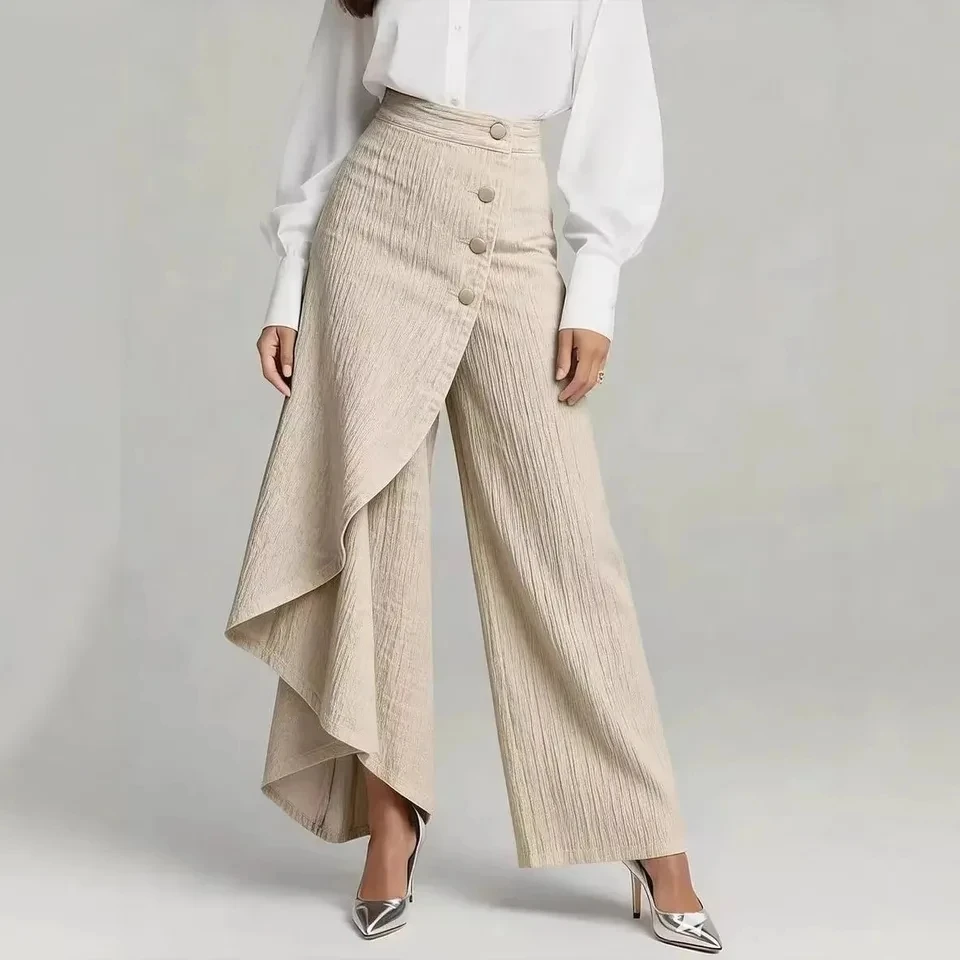 

Irregular-breasted Solid Color Denim Printed Wide-leg Trousers Women's Summer Style Versatile Office Daily Niche Wear