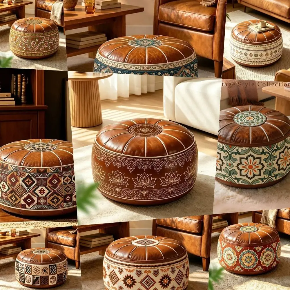 PU Leather Fillable Ottoman Pouf Round Shape Moroccan Style Round Pouf Cover Embroidered Pattern Floor Seat Cushion Living Room