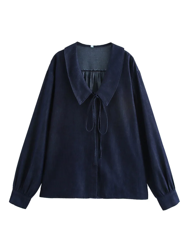 KAOPU ZA Women with tie denim shirt vintage peter pan collar long sleeves button-up female blouse chic tops