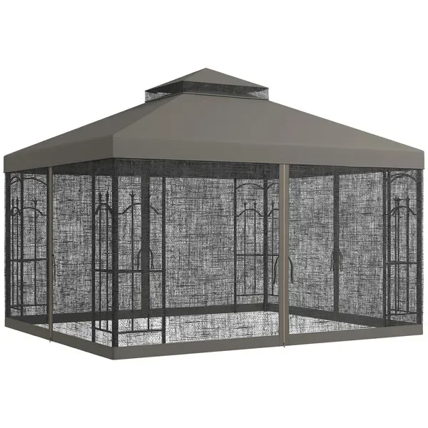 

Садовый павильон 10'x12' с двойной крышей, серый, для улицы, с сетчатыми полками и защитой от солнца для двора, газона, патио