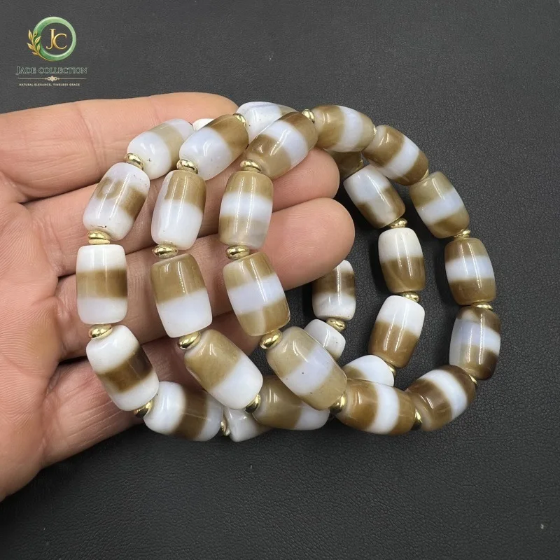 Old Agate Beads Bracelet Men's Women's Brown First- Pharmacist Wide Line Black and White Bea