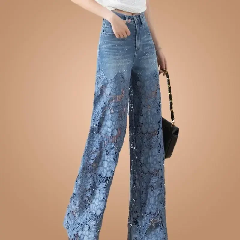 Women Vintage Hollow Out Lace Floral Denim Pants, Loose Straight Fit Summer Trousers, Elegant High Street Chic Jeans For Ladies