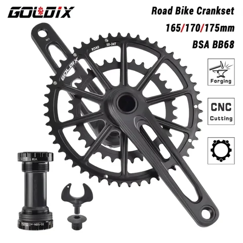 GOLDIX-Pedaleiro de bicicleta ultraleve, manivela de bicicleta oca, liga de alumínio, anel de corrente duplo, 165mm, 170mm, 175mm, 50-34T, 53-39T
