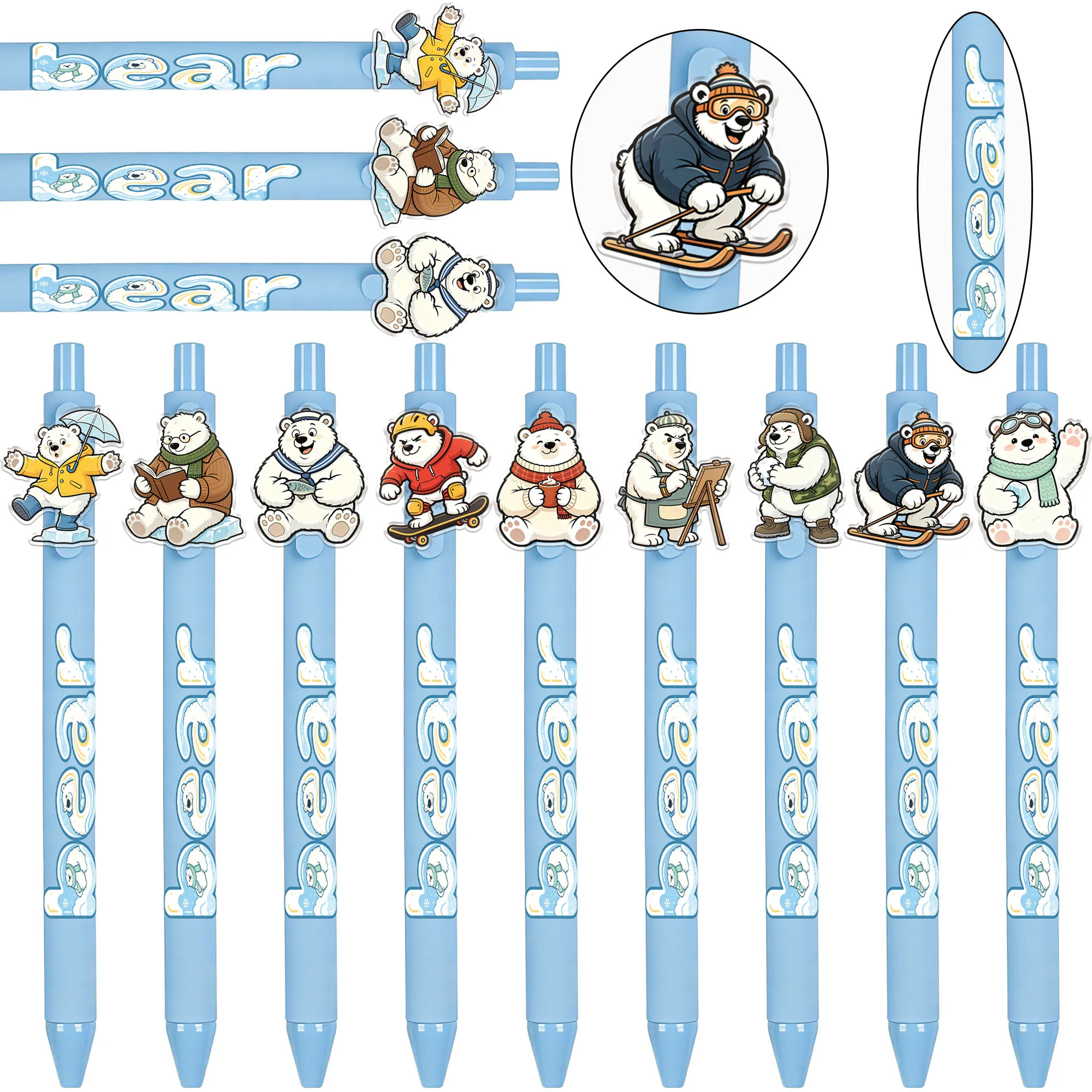 13Pcs Polar Bear Themed Acrylic Ballpoint Pens, Polar Bear Design, Smooth Writing, Suitable for Office, Journaling, and Daily Writing, Convenient to Use, Random Patterns