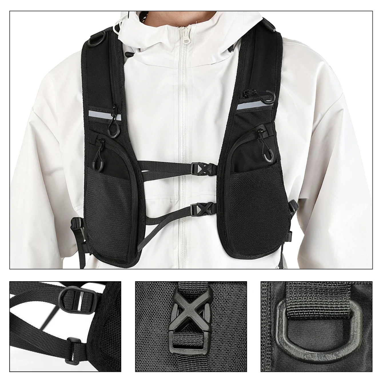 Black jacket vest with multiple pockets, quick release buckle for adjustable waist, outdoor sports reflective tape