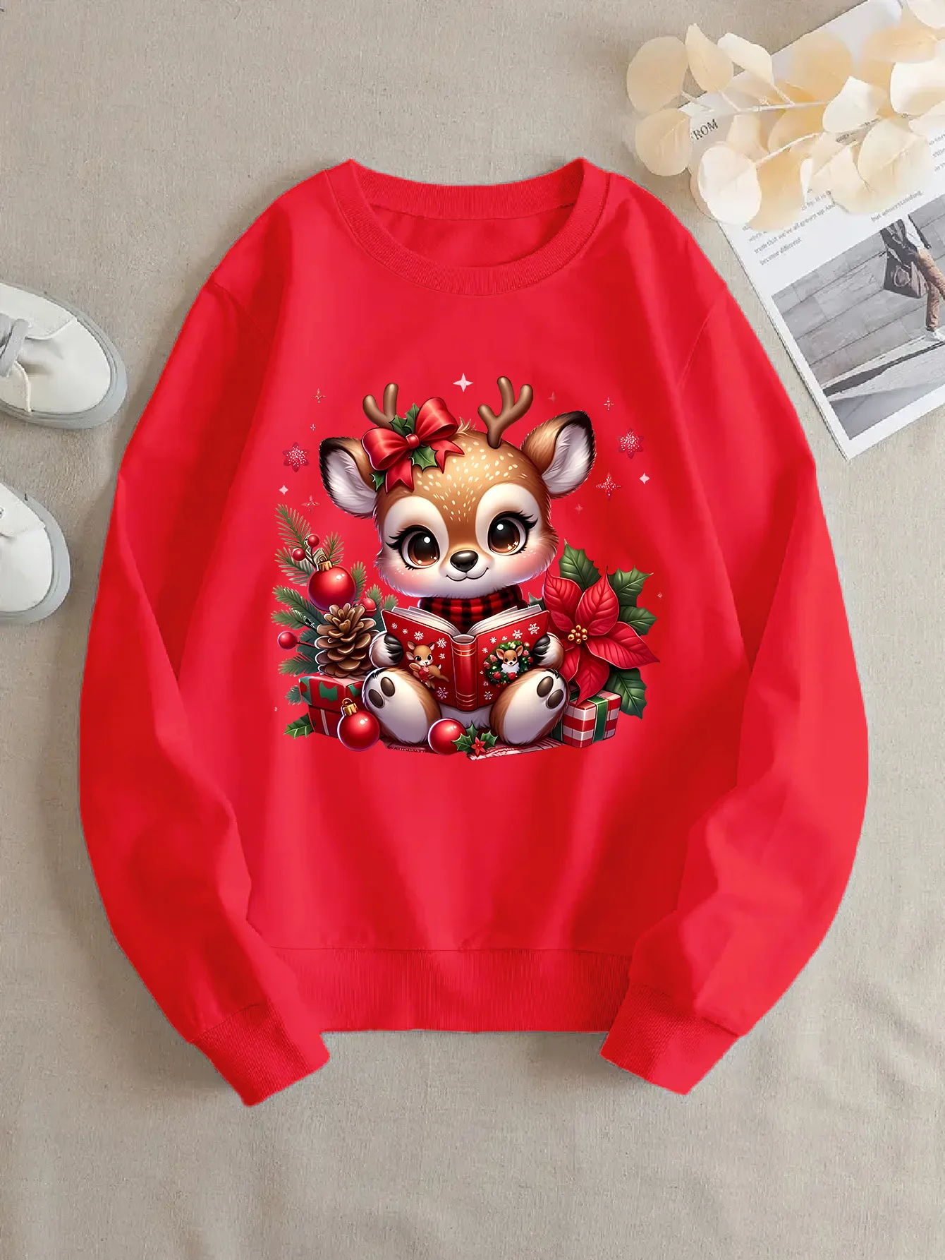 2025 New Christmas Reindeer Printed Round-neck Hoodie Suitable for Both Men and Women Streetwear Women Sweatshirts Aesthetic Top