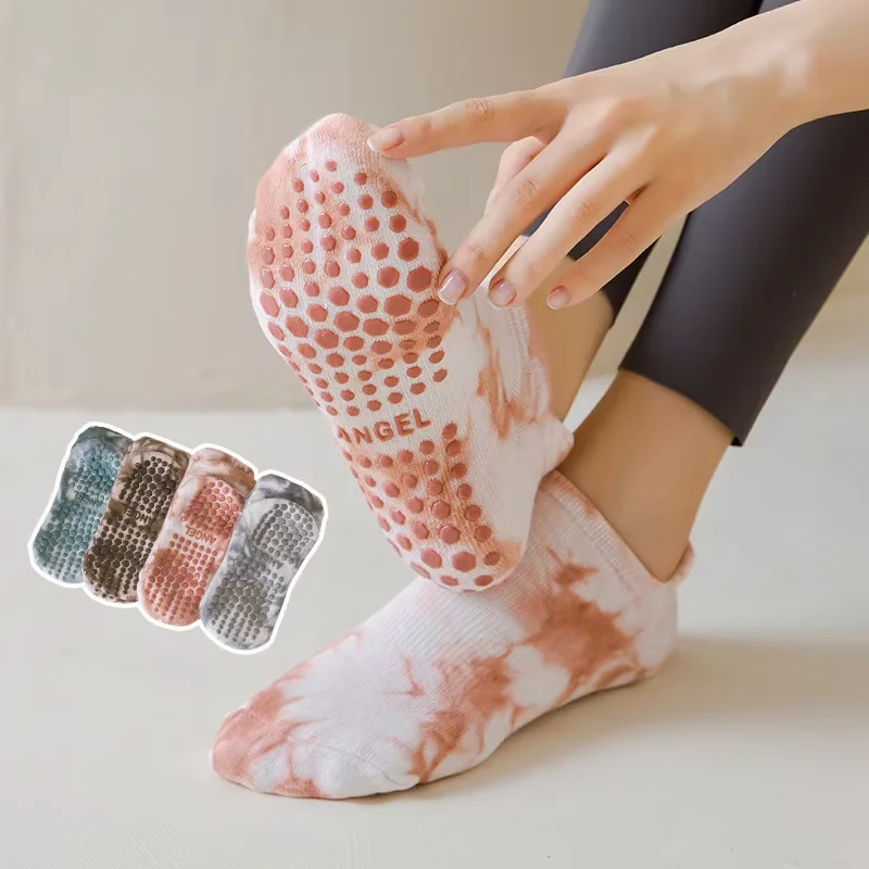 1Pair Yoga Socks Women Cotton Tie-dyed Silicone Non-slip Pilates Grip Towel Low-ankle Sport Sock Four Seasons Cotton Stockings