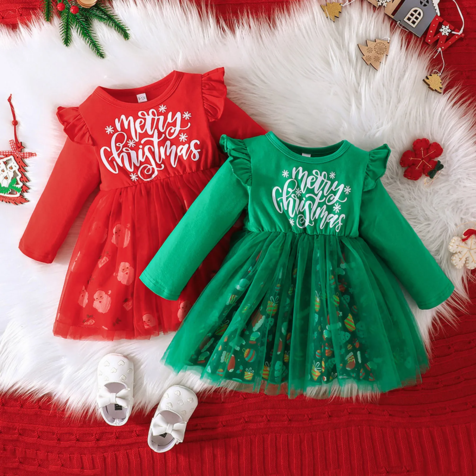 1 2 3 4Y Baby Christmas Dress For Girls Red Green Santa Dress Letter Party Tulle Tutu Dresses Toddler New Year Costume For Kids