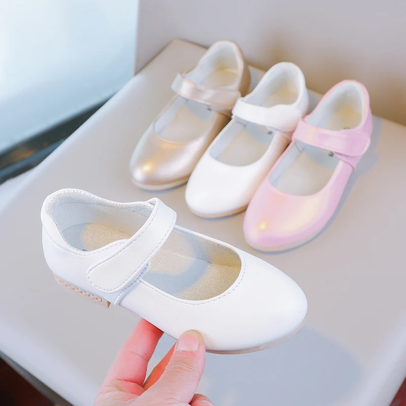 

Girls PU Leather Shoes for Wedding Party White Gold Pink Color Fashion Princess Kids Mary Janes Children Flats Hook & Loop Sweet