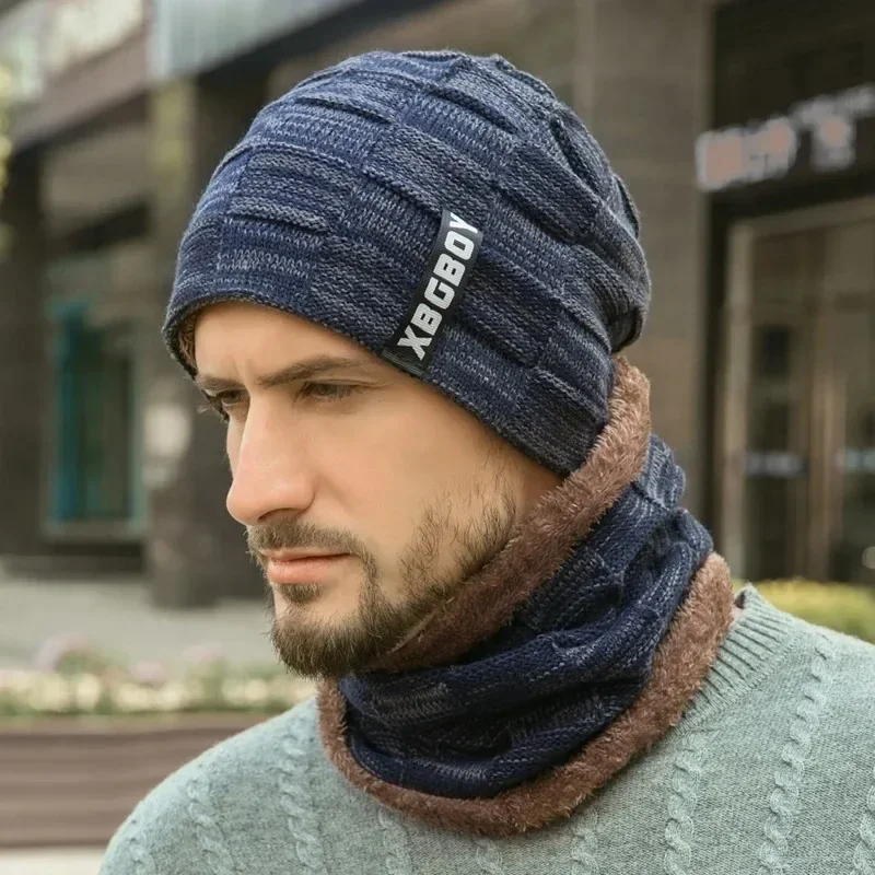 Gorro e cachecol forrado com lã masculina e feminina, chapéu grosso de malha quente, bonés masculinos, mais veludo, pulôver, crianças, inverno, 2 peças