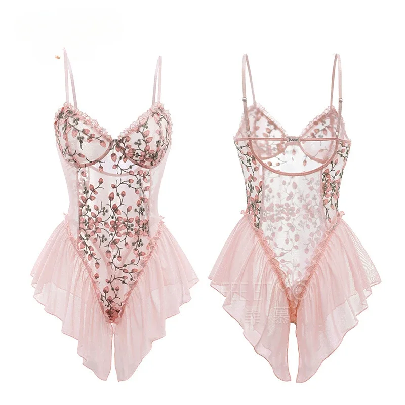 Топы с вышивкой и цветком, глубокий V-образный вырез, комбинезон с открытой промежностью, сексуальное нижнее белье, боди, элегантная сексуальная ночная рубашка с каналом, прозрачная боб-долл