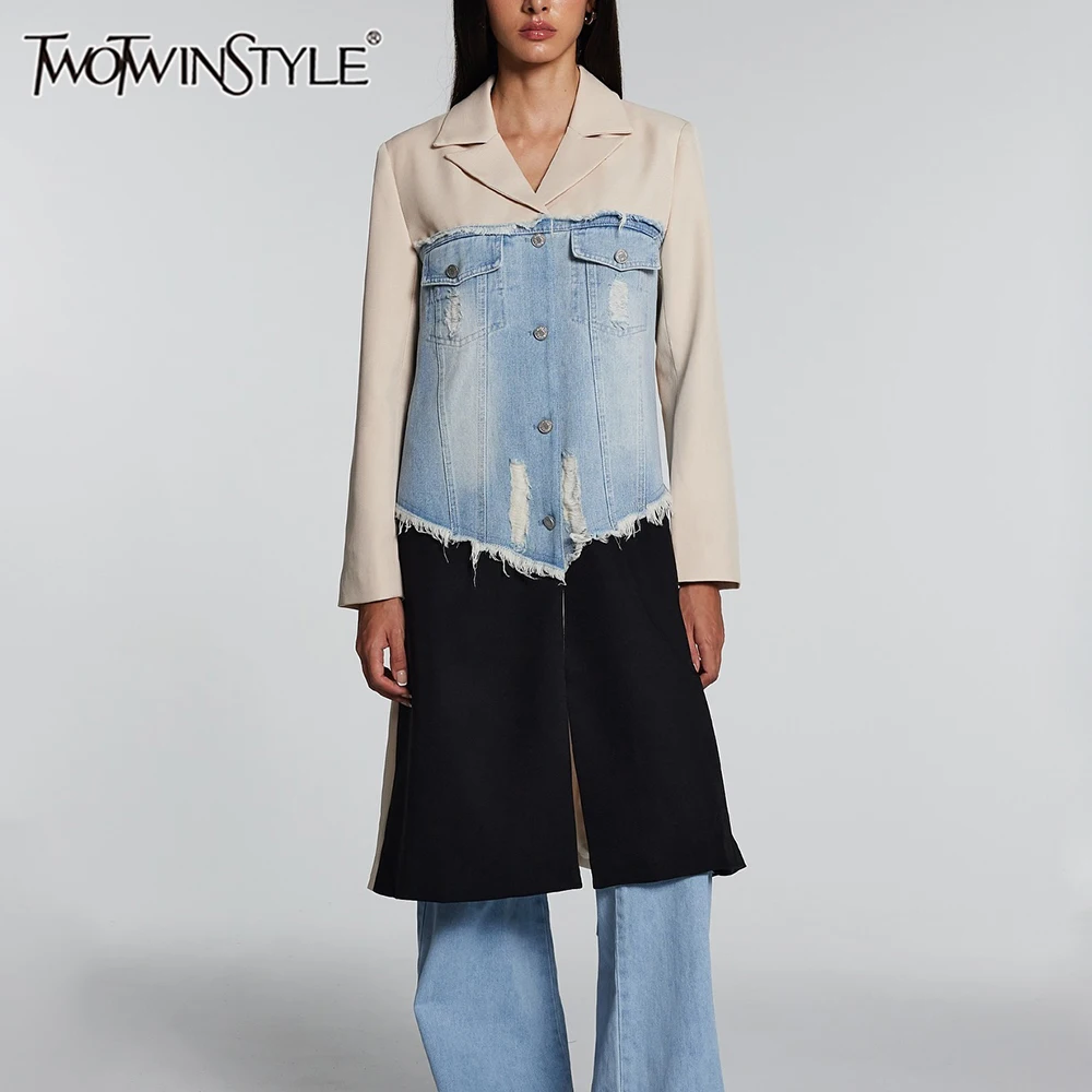 

TWOTWINSTYLE Hit Color Elegant Loose Temperament Jackets For Women Lapel Long Sleeve Designer Long Coats Female Fashion Style