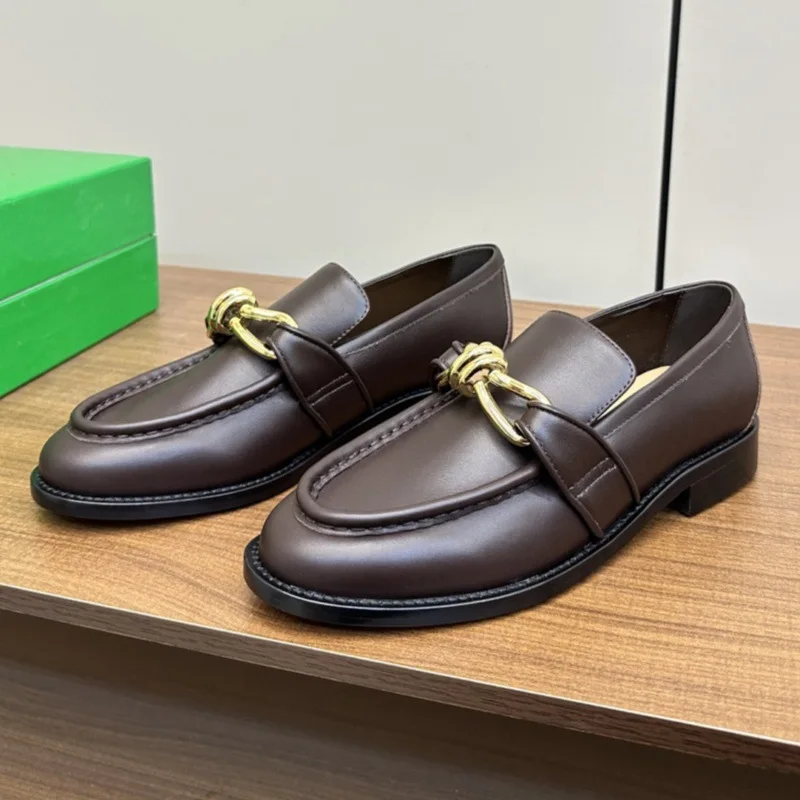 2026 New Women Loafers Metal Knot Single Shoes For Man British Style Genuine Leather Unisex Square Flat Leather Shoes Large Size