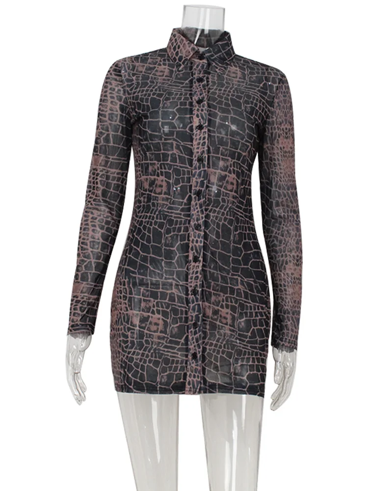 Ahagaga Fashion Print Damen Minikleider, tiefer V-Ausschnitt, regelmäßige lange Ärmel, Knopfleiste, schmale Passform, figurbetont, Streetwear, Vestidos-Roben