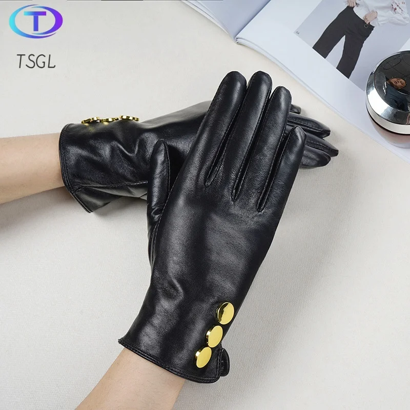 Gold Button Real Genuine Leather Gloves Women Warm Black Sheep Skin Winter Girls Real Leather Glove Driving Warm Ladies Glove