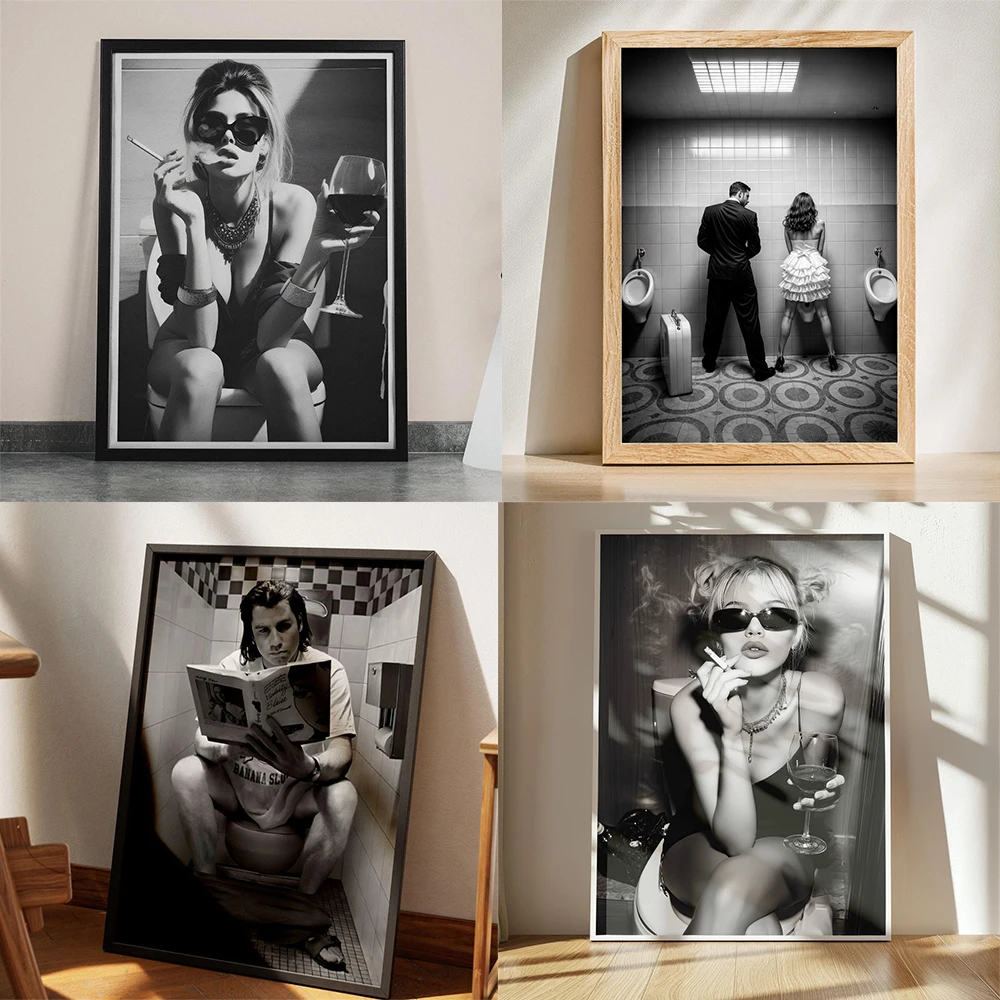Girl On Toilet Wall Art Poster Woman Drinking Wine Prints Funny Bathroom Print Glamorous Woman on Toilet Canvas Painting