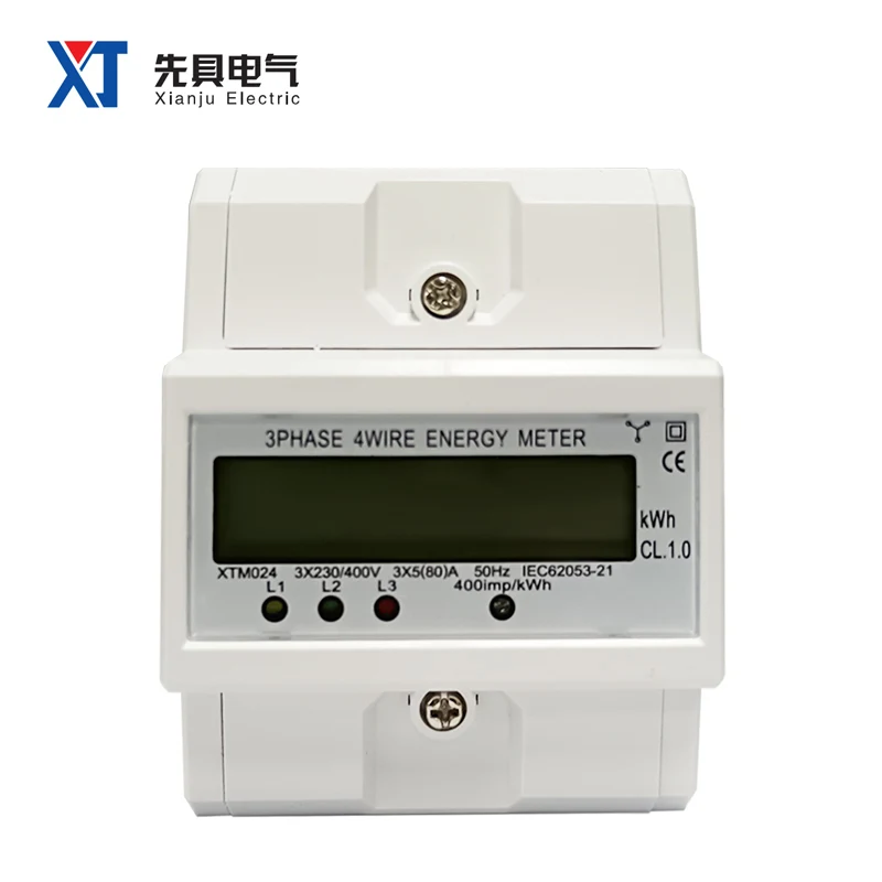 XTM024 Three Phase 4 Wires Energy Meter LCD Display KWH CL.1 RS485 Communication Port MODBUS-RTU 35mm DIN Rail Type