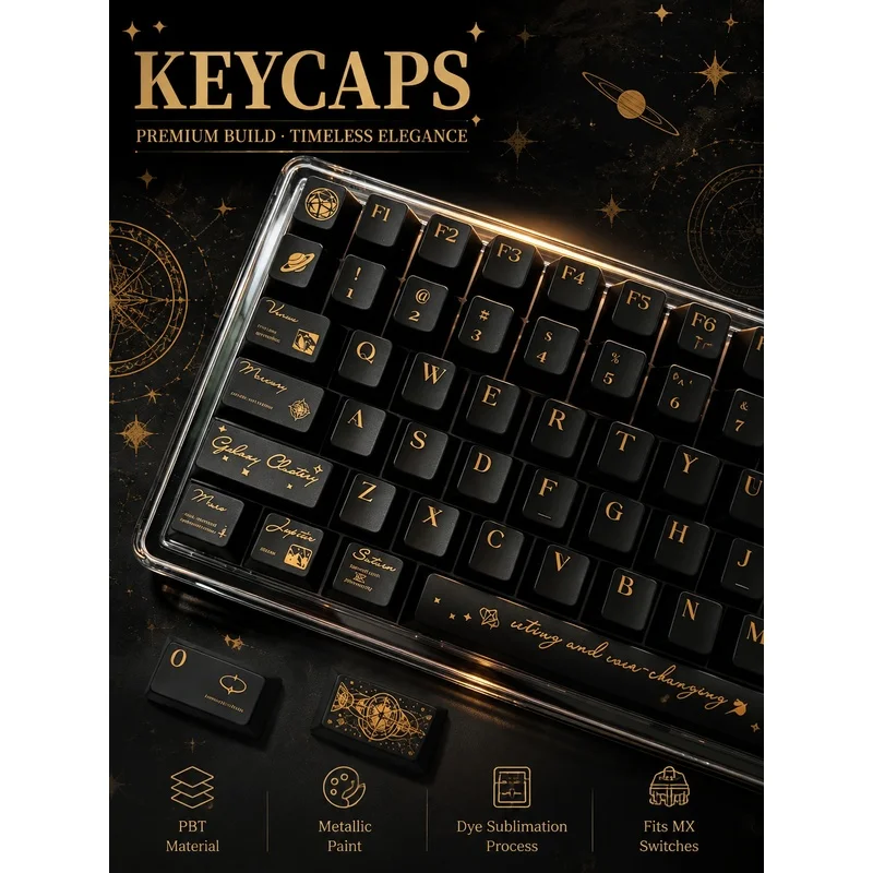 Metallic Paint PBT Keycaps,Retro Solar Series Gold Black Cherry Dye-Sub Key Caps,Compatible With MX Switches Mechanical Keyboard