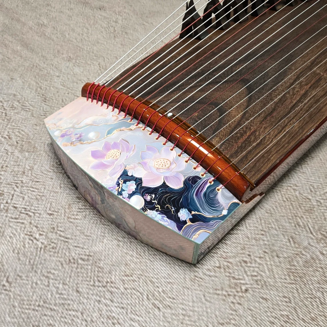Musical Instrument Guzheng - 구저우 125cm, 21현, 흰 연꽃 무늬,