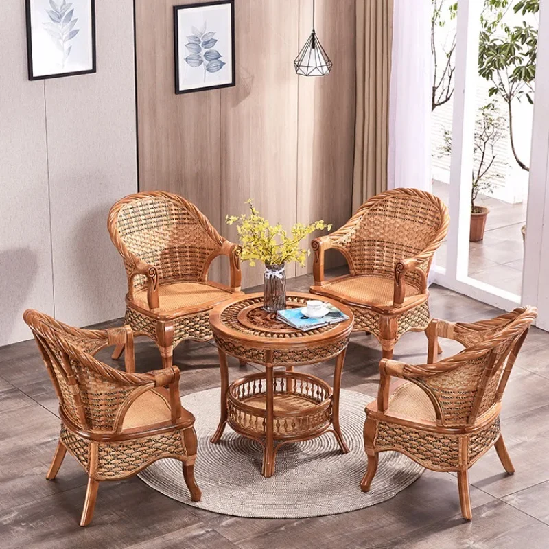 Rattan classical Chinese furniture, bamboo and rattan coffee table and chairs three-piece set