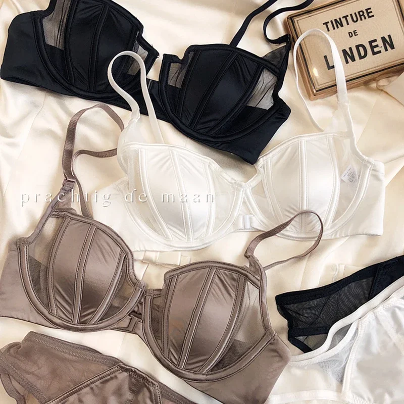 New Summer Lace Thin Cup Women Underwear Sexy Front Buckle Push Up Bra Set Adjustable Strap Brassiere Beautiful Back Lingerie