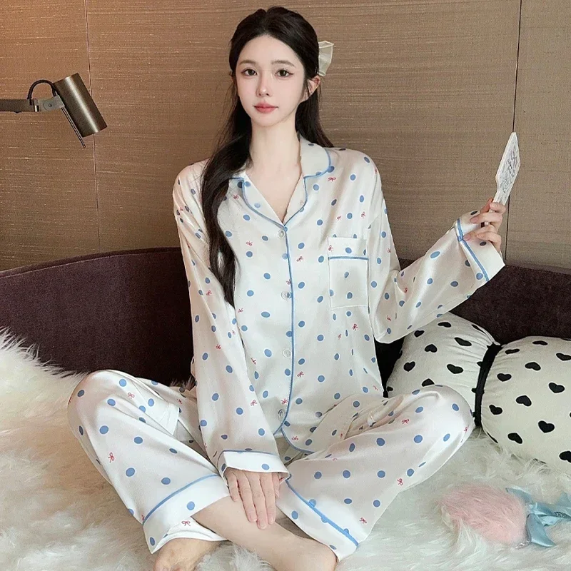 2025 Spring Autumn Pyjamas 2 Pieces dots Print Women Sleepwear Faux Silk Satin Pajamas Set Long Sleeve Sleepwear female Homewear