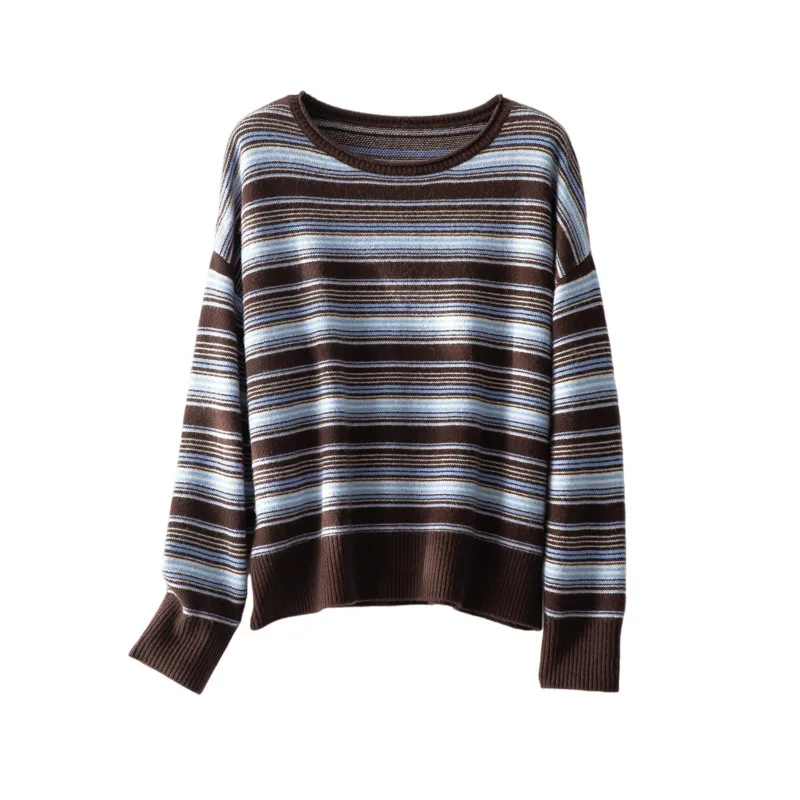 

Винтажный полосатый свитер из 100% шерсти, осень-зима, женский свободный вязаный пуловер с круглым вырезом и цветными блоками