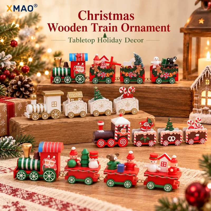 Wooden Christmas Train Decoration 4-Car Tabletop Ornament Mini Holiday Decor for Home Window Shelf Desk Party Gift Display