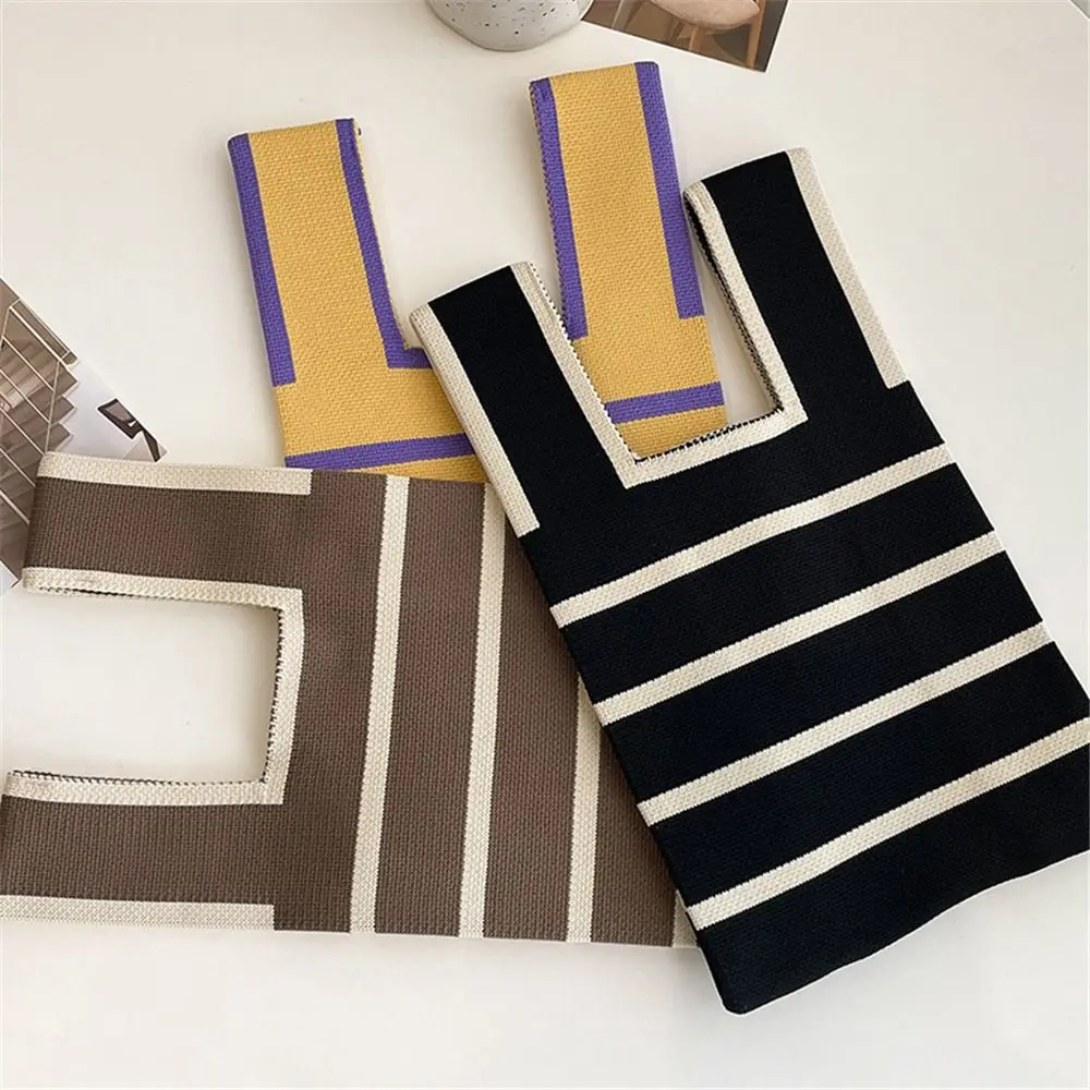 Student Wide Stripe Reusable Plaid Tote Bag Knit Handbag Shopping Bags Knot Wrist Bag