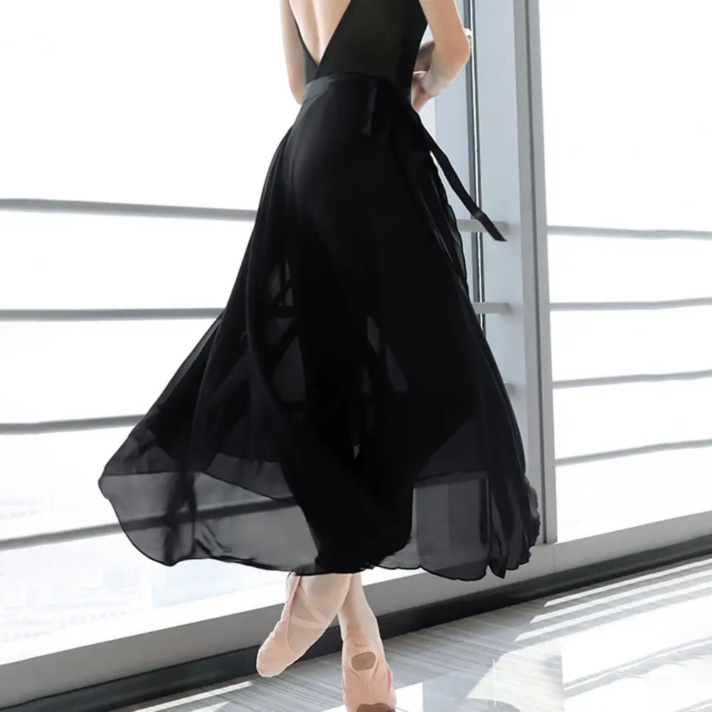 Women Dance Skirt High Waist Lace-up Multi-Layered Mesh Chiffon Long Skirt Solid Color Flowy Maxi Skirts Adult Ballet Skirt